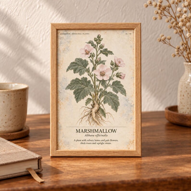 Pode incluir: Uma impress&atilde;o bot&acirc;nica emoldurada com uma ilustra&ccedil;&atilde;o detalhada de uma planta de malva com flores rosa-p&aacute;lido, folhas verdes e ra&iacute;zes grossas. O texto diz: HERBARIUM - MEDICINAL PLANTS, MARSHMALLOW, Althaea officinalis e uma descri&ccedil;&atilde;o.