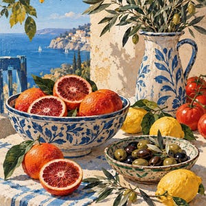 Op de afbeelding: Een stilleven schilderij met een grote blauw-wit gedessineerde kom gevuld met hele en gehalveerde bloedsinaasappels, een kleinere kom met groene en zwarte olijven, een keramische kan met olijftakken en verspreide citroenen en tomaten.