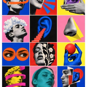 May include: A grid of twelve surrealist collage panels featuring black and white human features, including eyes, ears, noses, and mouths, combined with vibrant solid color backgrounds in blue, red, yellow, and pink, and abstract geometric shapes.