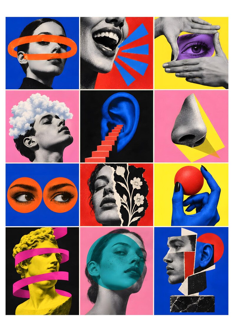May include: A grid of twelve surrealist collage panels featuring black and white human features, including eyes, ears, noses, and mouths, combined with vibrant solid color backgrounds in blue, red, yellow, and pink, and abstract geometric shapes.