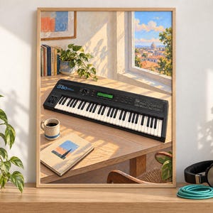 May include: A framed art print featuring a black Roland D-50 synthesiser resting on a wooden desk. The scene includes a coffee mug, a book, and a window view of a cityscape. The synthesiser has a black chassis, white and black keys, and a green display screen with the text D-50 clearly visible on the top left corner.