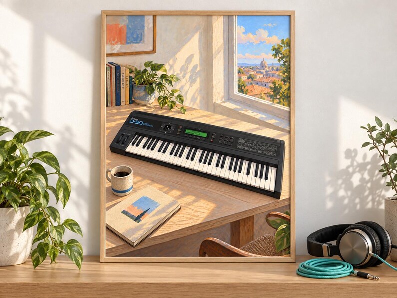 May include: A framed art print featuring a black Roland D-50 synthesiser resting on a wooden desk. The scene includes a coffee mug, a book, and a window view of a cityscape. The synthesiser has a black chassis, white and black keys, and a green display screen with the text D-50 clearly visible on the top left corner.