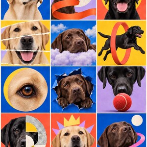 May include: A grid of twelve images featuring yellow, chocolate, and black Labrador Retrievers in various poses. The dogs are shown with colourful backgrounds, geometric shapes, tennis balls, hoops, and clouds, capturing their expressive faces.