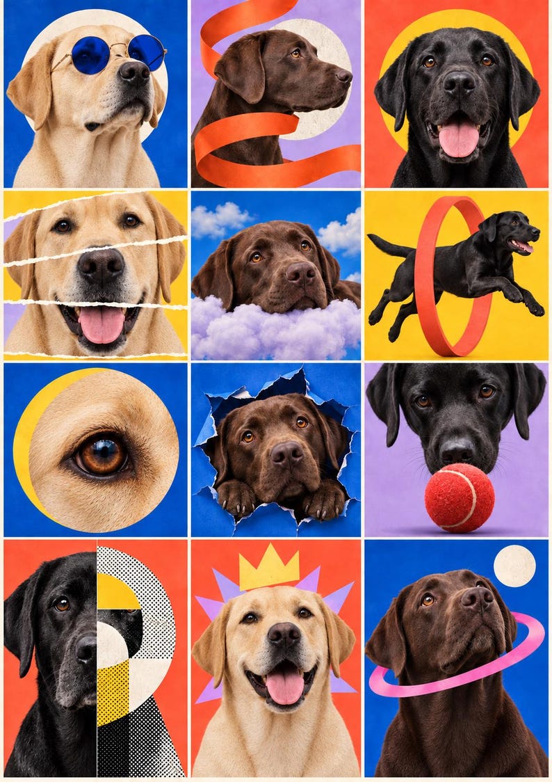 May include: A grid of twelve images featuring yellow, chocolate, and black Labrador Retrievers in various poses. The dogs are shown with colourful backgrounds, geometric shapes, tennis balls, hoops, and clouds, capturing their expressive faces.