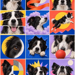 May include: A collage of twelve square panels featuring a black and white Border Collie in various artistic settings, including wearing blue sunglasses, a yellow paper crown, jumping, playing with a red ball, and surrounded by colorful geometric shapes.