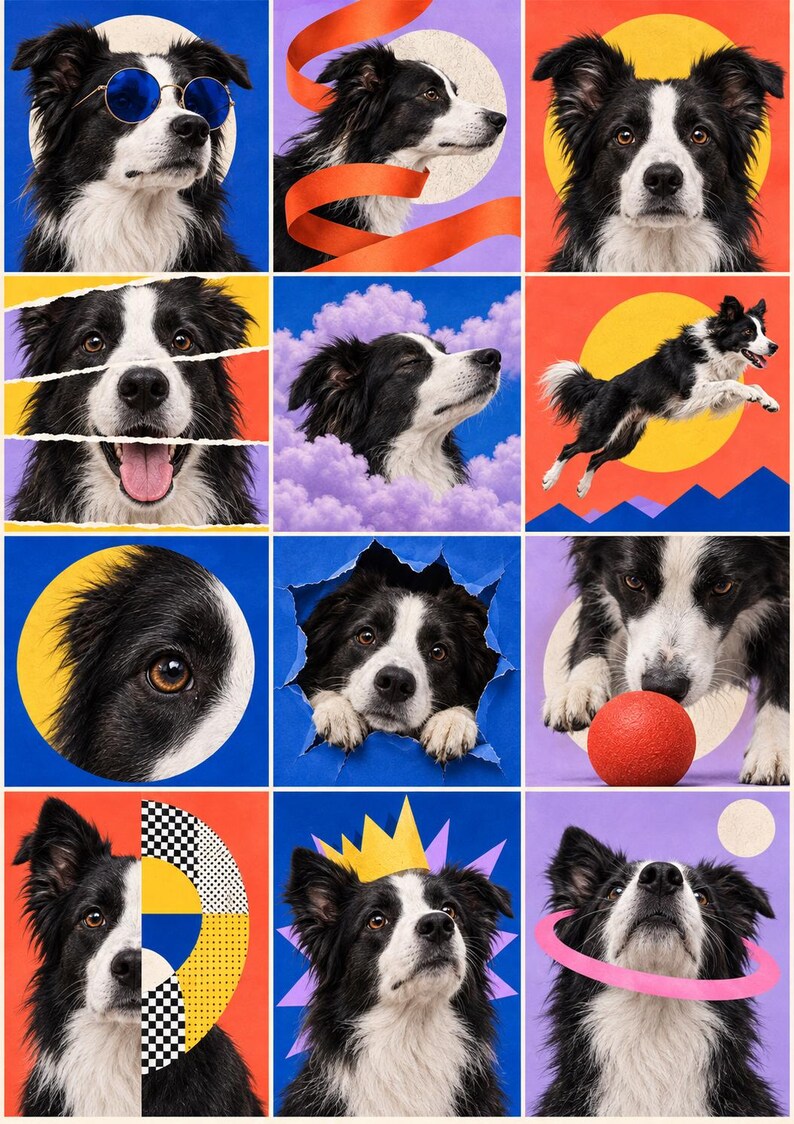 May include: A collage of twelve square panels featuring a black and white Border Collie in various artistic settings, including wearing blue sunglasses, a yellow paper crown, jumping, playing with a red ball, and surrounded by colorful geometric shapes.