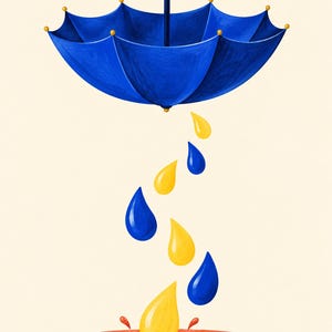 Pu&ograve; includere: Un ombrello blu con manico curvo &egrave; posizionato sopra una serie di gocce gialle e blu a forma di lacrima. Queste gocce scendono verso una pozza circolare rossa sul fondo, creando piccoli schizzi al momento dell'impatto.