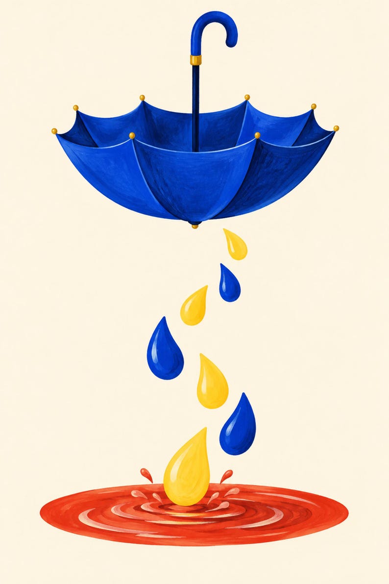 Pu&ograve; includere: Un ombrello blu con manico curvo &egrave; posizionato sopra una serie di gocce gialle e blu a forma di lacrima. Queste gocce scendono verso una pozza circolare rossa sul fondo, creando piccoli schizzi al momento dell'impatto.