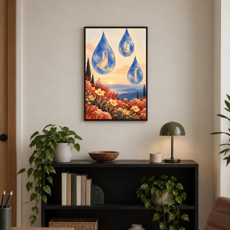 Puede incluir: Una impresi&oacute;n de arte mural enmarcada que muestra un paisaje surrealista con tres grandes gotas de agua azules flotando en un cielo al atardecer. Dentro de las gotas hay una escalera, un arco y una columna sobre un campo de flores.