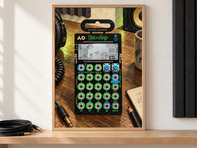 Pu&ograve; includere: Un sintetizzatore pocket operator nero in edizione Rick e Morty con schermo LCD monocromatico, sedici pulsanti numerati, due manopole rotanti blu e una linguetta superiore per appenderlo. Il dispositivo riporta la scritta pocket operator.
