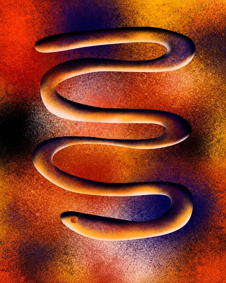 Puede incluir: Una forma serpentina lisa de color marr&oacute;n dorado con una &uacute;nica perforaci&oacute;n circular en el extremo inferior, sobre un fondo vibrante y texturizado de degradados de pintura en aerosol en naranja, rojo, amarillo y morado oscuro.