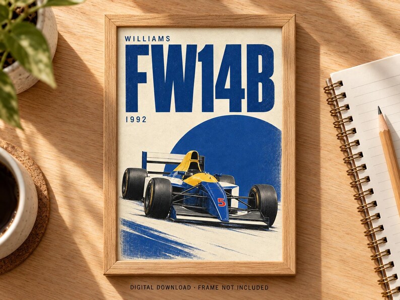 May include: A framed poster featuring a blue and yellow Williams FW14B Formula One race car with the number 5 on the nose. The text WILLIAMS, FW14B, and 1992 are printed in blue above the car, set against a cream background with a large blue circle.