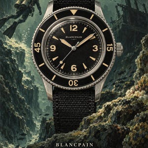 Op de afbeelding: Een Blancpain Fifty Fathoms 1953 polshorloge met een zwarte wijzerplaat, beige uurmarkeringen en een zwarte draaibare ring. Het horloge heeft een zwarte stoffen band, een zilverkleurige kast en de tekst Blancpain Fifty Fathoms 1953 eronder gedrukt.