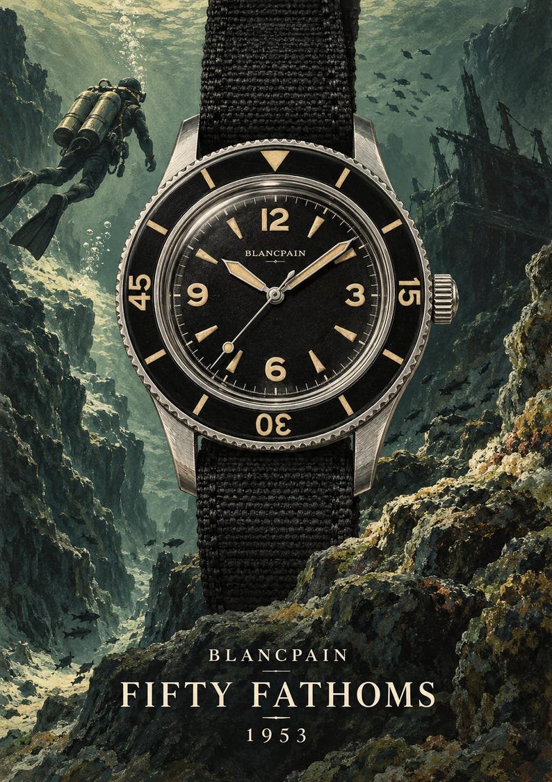 Op de afbeelding: Een Blancpain Fifty Fathoms 1953 polshorloge met een zwarte wijzerplaat, beige uurmarkeringen en een zwarte draaibare ring. Het horloge heeft een zwarte stoffen band, een zilverkleurige kast en de tekst Blancpain Fifty Fathoms 1953 eronder gedrukt.