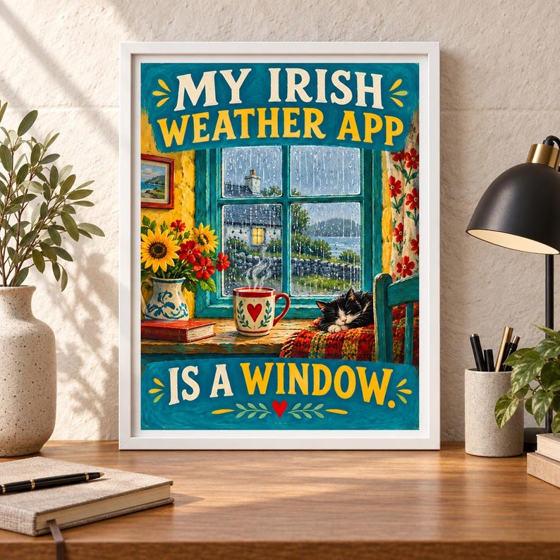 May include: A framed wall art print featuring a rainy window scene with the text MY IRISH WEATHER APP IS A WINDOW. The illustration shows a black and white cat sleeping on a red plaid blanket, a steaming mug with a heart, and a vase of sunflowers.