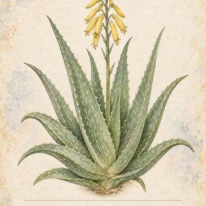 May include: A botanical illustration of an Aloe Vera plant with green, white-spotted, toothed leaves and a tall yellow flower spike. The text reads HERBARIUM MEDICINAL PLANTS 12 / 40, ALOE VERA, Aloe vera, and A succulent with fleshy, toothed leaves.