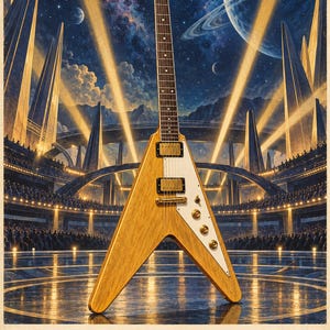 May include: A natural wood finish Gibson Flying V electric guitar with a white pickguard, gold hardware, and a dark fretboard. The text below reads GIBSON Flying V 1958, set against a backdrop of a futuristic stadium and a cosmic space scene.