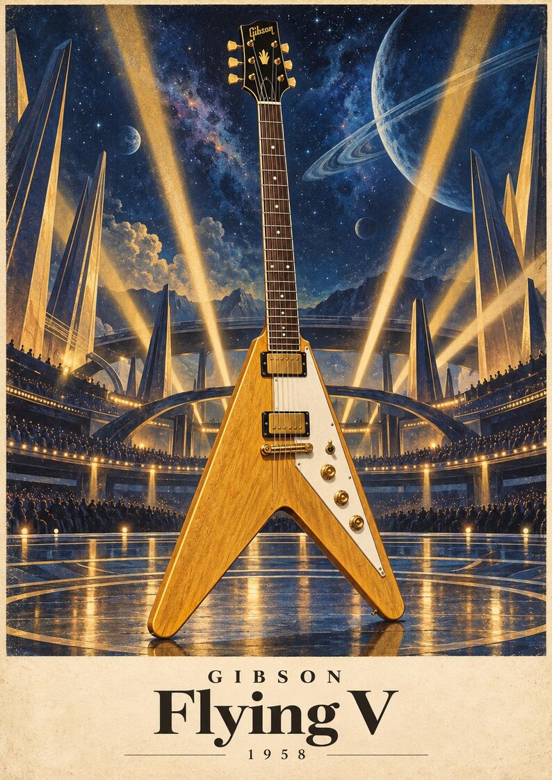 May include: A natural wood finish Gibson Flying V electric guitar with a white pickguard, gold hardware, and a dark fretboard. The text below reads GIBSON Flying V 1958, set against a backdrop of a futuristic stadium and a cosmic space scene.