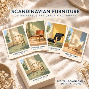 Op de afbeelding: Een set van 20 printbare kunstkaarten en A2-prints getiteld SCANDINAVIAN FURNITURE. De kaarten bevatten illustraties van de Wishbone Chair door Hans J. Wegner, Hunting Chair door B&oslash;rge Mogensen, Paimio Chair door Alvar Aalto en Pelican Chair door Finn Juhl.