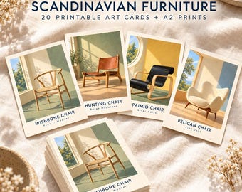 Scandinavian Furniture Art Cards, 20 Nordic Printable Designs with Designer Names, A2 Wall Art Bundle, Digital Download