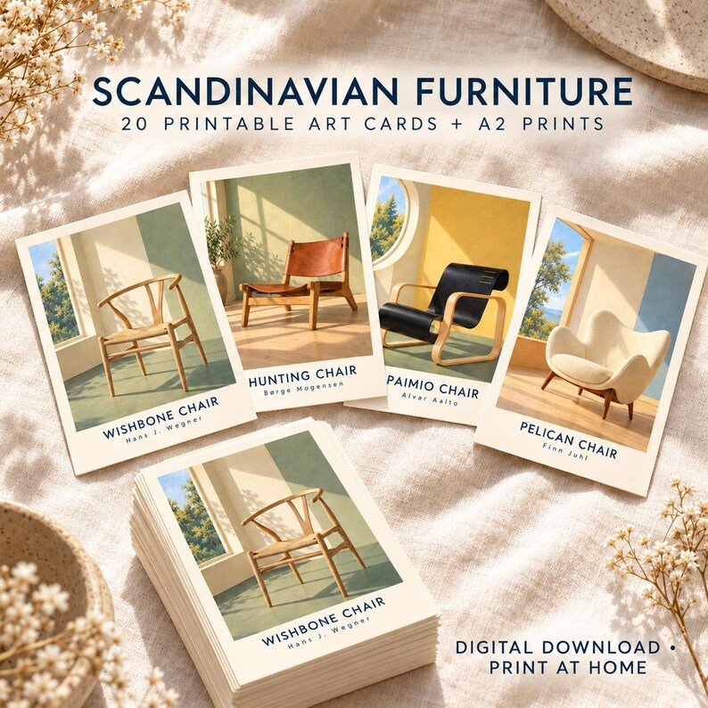 Op de afbeelding: Een set van 20 printbare kunstkaarten en A2-prints getiteld SCANDINAVIAN FURNITURE. De kaarten bevatten illustraties van de Wishbone Chair door Hans J. Wegner, Hunting Chair door B&oslash;rge Mogensen, Paimio Chair door Alvar Aalto en Pelican Chair door Finn Juhl.