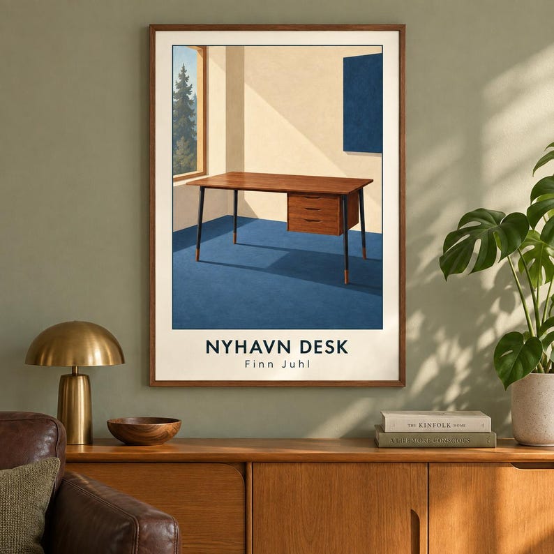 May include: A framed art print featuring a wooden desk with black legs and a three-drawer unit on a blue floor. The scene includes a window view of trees and a blue wall panel. The text reads NYHAVN DESK and Finn Juhl in black lettering.