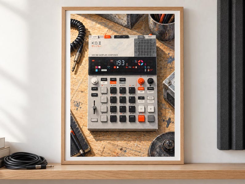 Pu&ograve; includere: Un campionatore-compositore K.O.II grigio chiaro con un display digitale nero che mostra il testo 19.3, una griglia di pulsanti quadrati neri e bianchi, tasti arancioni, un fader verticale e una griglia per altoparlante, incorniciato in legno.