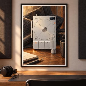 May include: A silver portable digital audio recorder featuring a circular central interface, three rectangular playback buttons with orange accents, and the text TP-7 and TODAY printed on the top surface, displayed within a black frame.