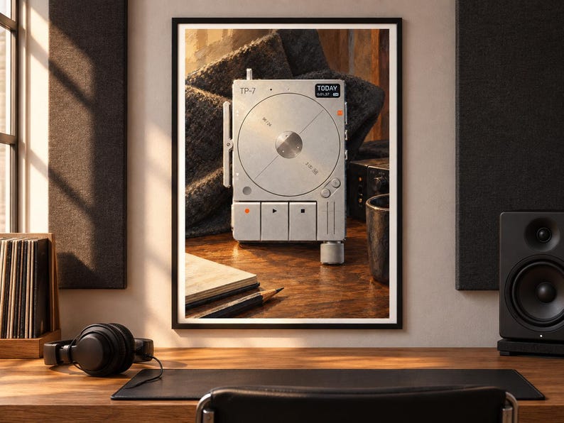 May include: A silver portable digital audio recorder featuring a circular central interface, three rectangular playback buttons with orange accents, and the text TP-7 and TODAY printed on the top surface, displayed within a black frame.
