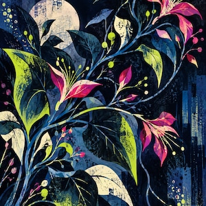 May include: A digital illustration featuring vibrant pink and magenta flowers with long stamens, surrounded by dark blue and lime green foliage. A large, pale circular moon shape sits in the upper left corner against a textured, dark navy background.
