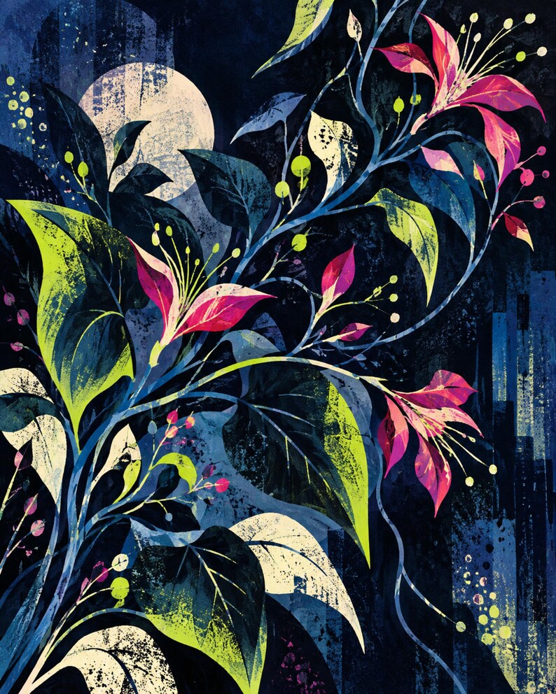 May include: A digital illustration featuring vibrant pink and magenta flowers with long stamens, surrounded by dark blue and lime green foliage. A large, pale circular moon shape sits in the upper left corner against a textured, dark navy background.