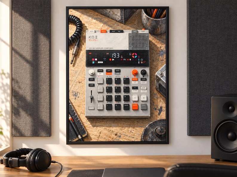 Pu&ograve; includere: Un campionatore e compositore Teenage Engineering EP-133 K.O. II con telaio grigio chiaro, display digitale nero che mostra 19.3, una griglia di pulsanti neri e arancioni, un fader verticale e griglia dell'altoparlante, incorniciato come stampa.