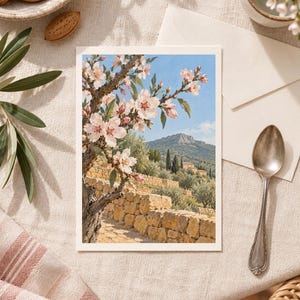 May include: A rectangular art print featuring a painting of a blooming almond tree with pale pink flowers in the foreground, set against a landscape of stone terraces, olive trees, and a distant mountain under a clear blue sky.