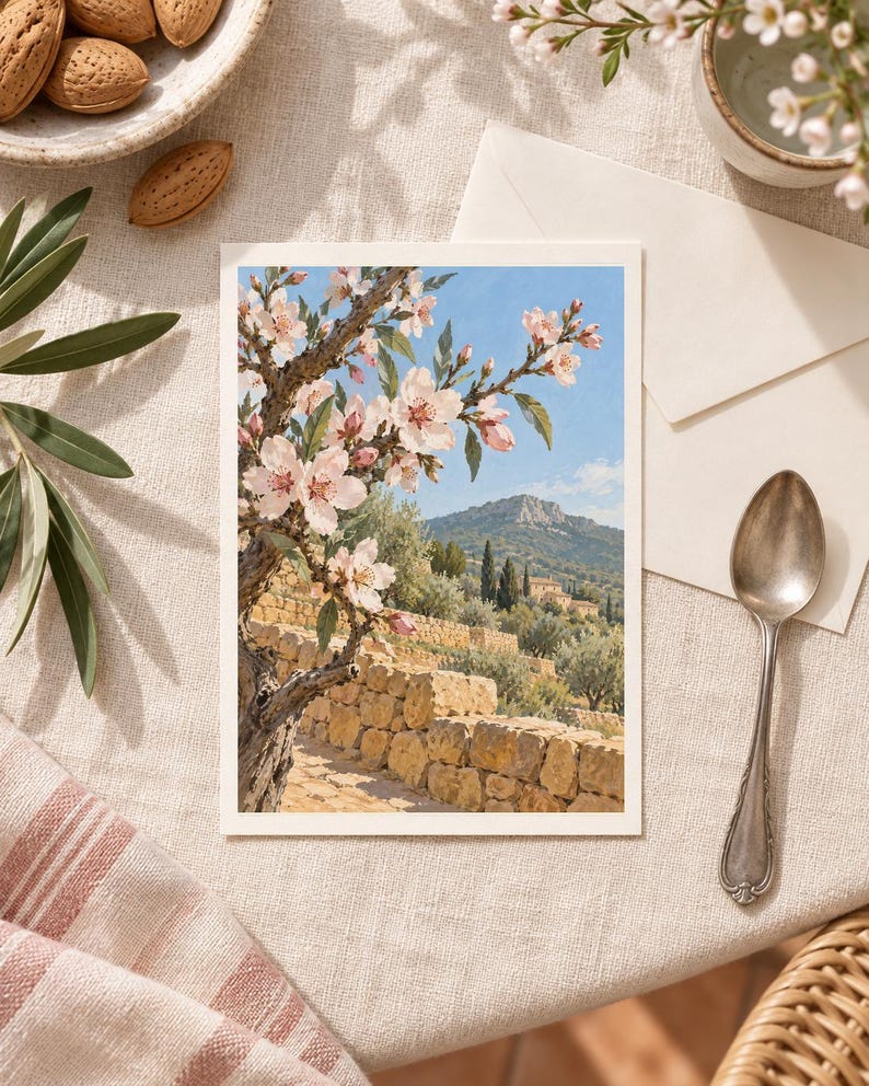 May include: A rectangular art print featuring a painting of a blooming almond tree with pale pink flowers in the foreground, set against a landscape of stone terraces, olive trees, and a distant mountain under a clear blue sky.