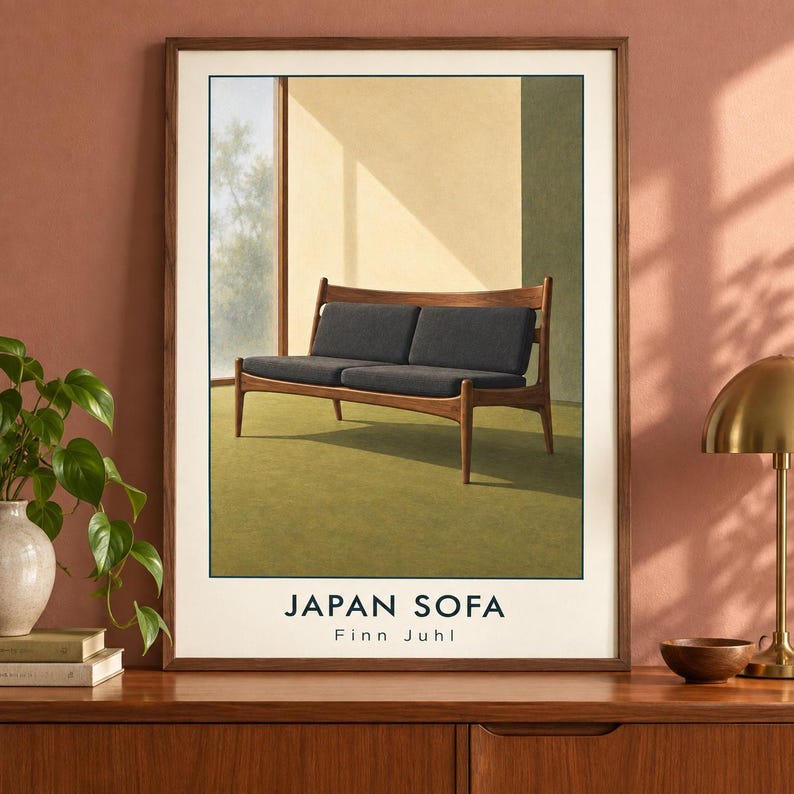 Pu&ograve; includere: Una stampa artistica incorniciata raffigurante un divano in legno scuro con cuscini grigio antracite su una parete giallo chiaro e un pavimento verde. Il testo JAPAN SOFA e Finn Juhl &egrave; stampato in nero sul bordo bianco del poster.