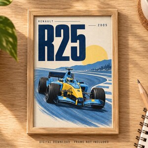 Puede incluir: Un p&oacute;ster enmarcado que muestra un coche de carreras de F&oacute;rmula 1 Renault R25 azul y amarillo en una pista. El texto dice RENAULT R25 2005. El fondo muestra un sol amarillo estilizado sobre colinas azules. El texto inferior dice DIGITAL DOWNLOAD FRAME NOT INCLUDED.
