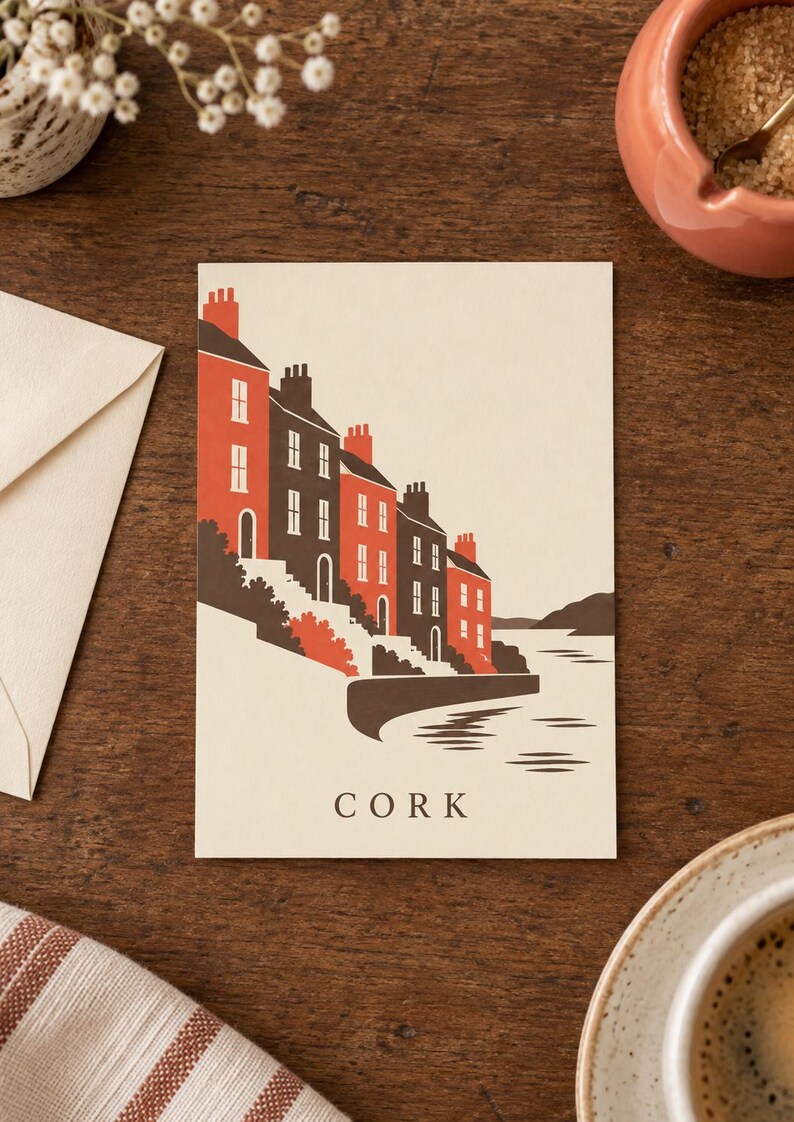 Op de afbeelding: Een rechthoekige ansichtkaart met een gestileerde illustratie van een rij huizen langs het water. De gebouwen zijn gekleurd in afwisselende tinten donkerbruin en oranje-rood. Het woord CORK staat in het zwart onderaan in het midden.