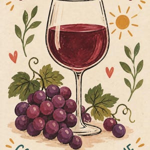 May include: A cream-colored print featuring a central wine glass filled with deep red wine, surrounded by clusters of purple grapes, green leaves, small orange hearts, and a yellow sun. The text reads SIP THE SWEET MOMENTS and GOOD THINGS TAKE TIME.