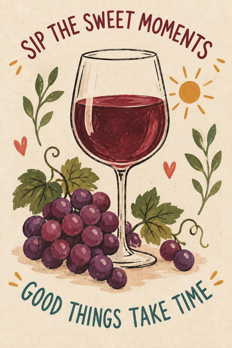May include: A cream-colored print featuring a central wine glass filled with deep red wine, surrounded by clusters of purple grapes, green leaves, small orange hearts, and a yellow sun. The text reads SIP THE SWEET MOMENTS and GOOD THINGS TAKE TIME.