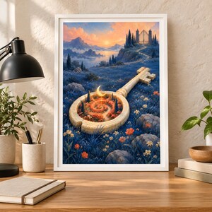 Pu&ograve; includere: Una stampa d'arte incorniciata raffigurante una grande chiave di pietra in un campo di fiori blu. La testa circolare della chiave contiene un sentiero a spirale e una luna crescente. Sullo sfondo, un sentiero conduce a un cancello al tramonto.