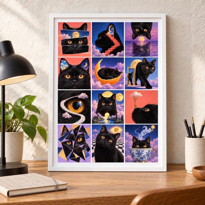 May include: A framed wall art print featuring a grid of twelve surreal illustrations of black cats. The artwork displays various celestial and dreamlike scenes, including cats with moons, stars, clouds, staircases, and a teacup, all rendered in vibrant colors.