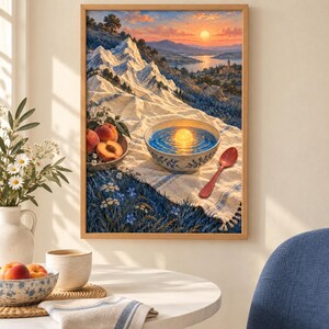 Puede incluir: Una impresi&oacute;n de arte mural enmarcada que representa un paisaje surrealista donde un cuenco de agua descansa sobre un pa&ntilde;o blanco en una ladera de monta&ntilde;a. Dentro del cuenco, un sol brillante se refleja en las ondas. Melocotones, una cuchara roja y flores azules est&aacute;n cerca.