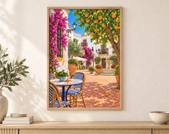 Quadro da parete con Orange Square a Marbella, caffè soleggiato e fiori, formato A3, download digitale.