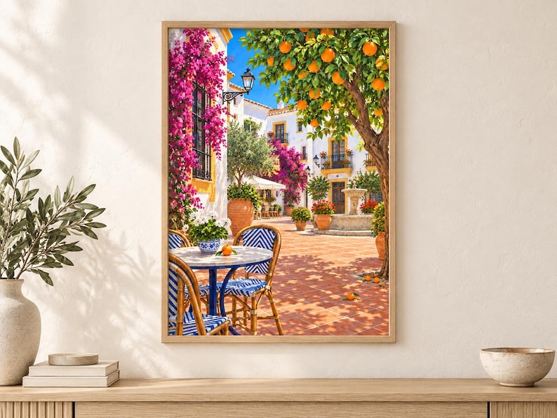 Puede incluir: Una impresi&oacute;n de arte mural enmarcada que representa un soleado patio mediterr&aacute;neo con una mesa redonda, sillas de rayas azules y blancas, una fuente de piedra, flores de buganvilla rosa vibrante y un naranjo cargado de frutos naranjas.