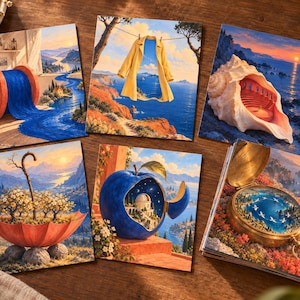 Pu&ograve; includere: Un set di sei stampe d'arte quadrate con illustrazioni surrealiste: una bobina di fiume blu, un cappotto giallo appeso sopra il mare, un anfiteatro a conchiglia, un ombrello fiorito, una mela blu con un edificio all'interno e una bussola.