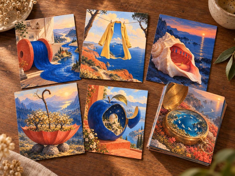 Pu&ograve; includere: Un set di sei stampe d'arte quadrate con illustrazioni surrealiste: una bobina di fiume blu, un cappotto giallo appeso sopra il mare, un anfiteatro a conchiglia, un ombrello fiorito, una mela blu con un edificio all'interno e una bussola.
