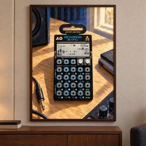May include: A black Teenage Engineering Pocket Operator synthesizer featuring a Megaman graphic, a digital LCD screen, and a grid of sixteen circular buttons with blue accents. The device displays the text Pocket Operator and Megaman.