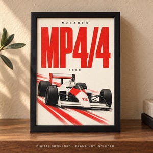 May include: A framed poster featuring a white and red McLaren MP4/4 Formula 1 race car from 1988. The text reads McLaren MP4/4 1988 in bold red and black lettering. The car is depicted in motion with red speed lines on a white background.