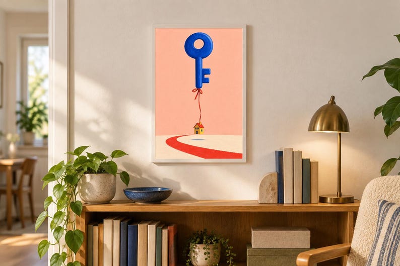 May include: A framed wall art print featuring a surreal illustration of a large, glossy blue key floating like a balloon, tethered by a thin red string to a small, yellow house with a red roof, set against a soft peach background.
