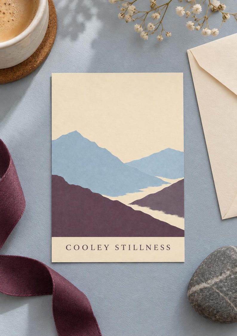 May include: A rectangular greeting card featuring a stylized mountain landscape illustration in shades of light blue and deep purple against a cream background. The text "COOLEY STILLNESS" is printed in a dark serif font at the bottom of the card.